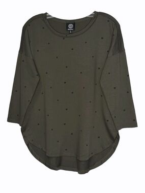 Bobeau Flocked Heart And Dot 3/4 Sleeve Top Heather Olive